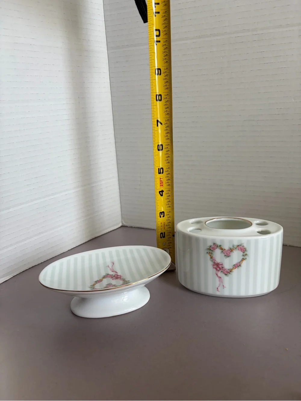 Otagiri Porcelain Heart Floral Vanity Dish and Brush Holder